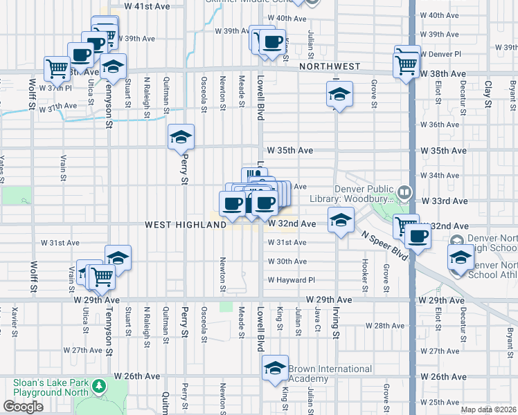 map of restaurants, bars, coffee shops, grocery stores, and more near 3241 Lowell Boulevard in Denver