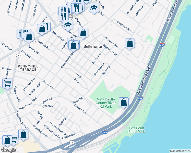 map of restaurants, bars, coffee shops, grocery stores, and more near 5 Riverside Drive in Wilmington