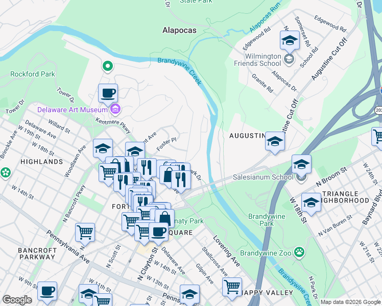 map of restaurants, bars, coffee shops, grocery stores, and more near 2300 Riddle Avenue in Wilmington