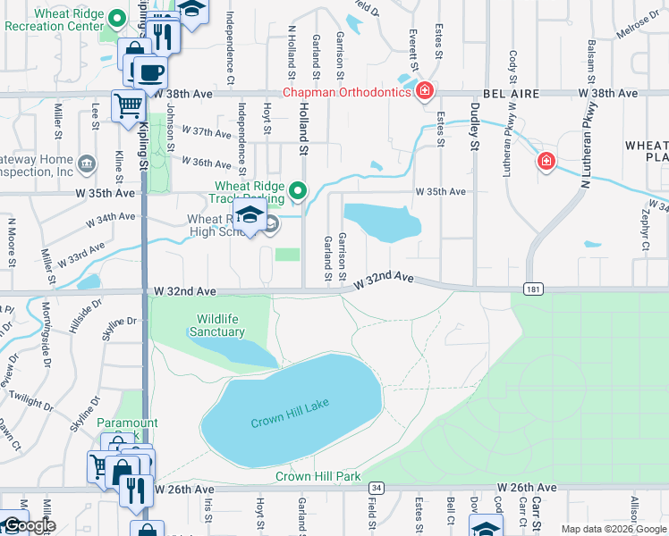 map of restaurants, bars, coffee shops, grocery stores, and more near 3276 Garland Street in Wheat Ridge