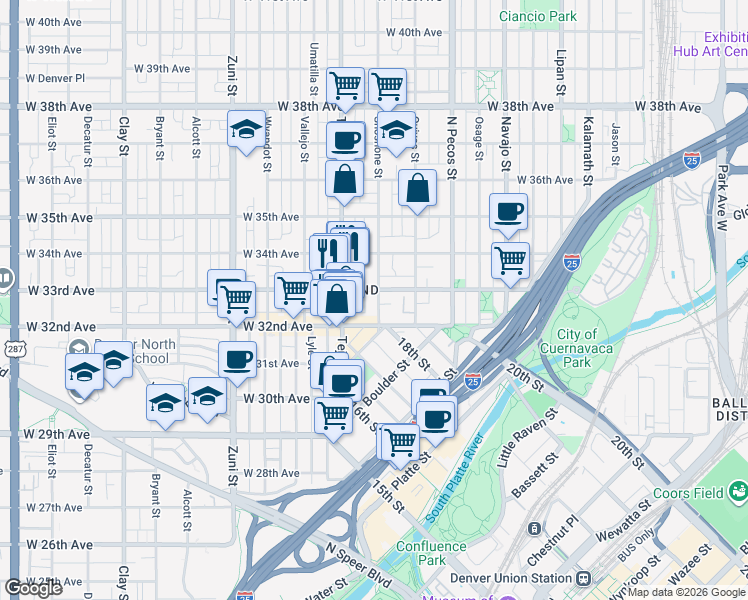 map of restaurants, bars, coffee shops, grocery stores, and more near in Denver