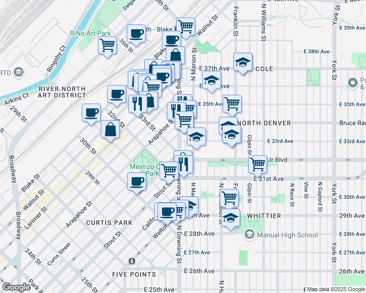 map of restaurants, bars, coffee shops, grocery stores, and more near 3300 North Downing Street in Denver