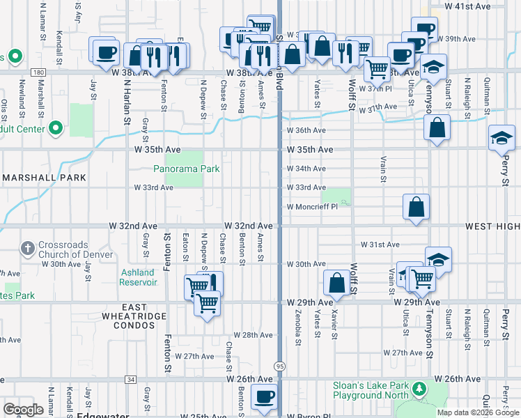 map of restaurants, bars, coffee shops, grocery stores, and more near 3270 Ames Street in Wheat Ridge