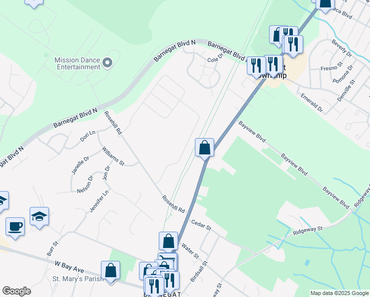 map of restaurants, bars, coffee shops, grocery stores, and more near 283 Hawthorne Lane in Barnegat Township