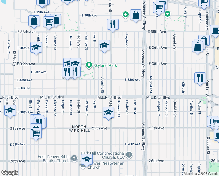map of restaurants, bars, coffee shops, grocery stores, and more near 3283 Kearney Street in Denver