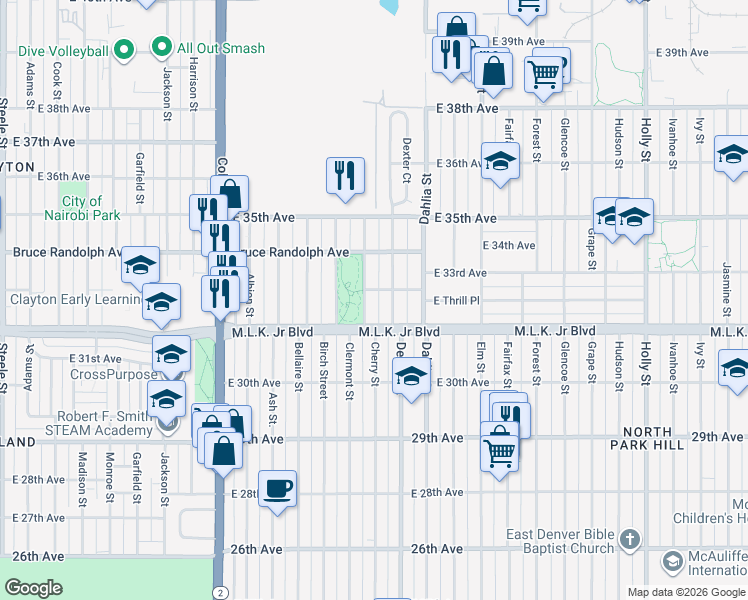 map of restaurants, bars, coffee shops, grocery stores, and more near 3310 Cherry Street in Denver
