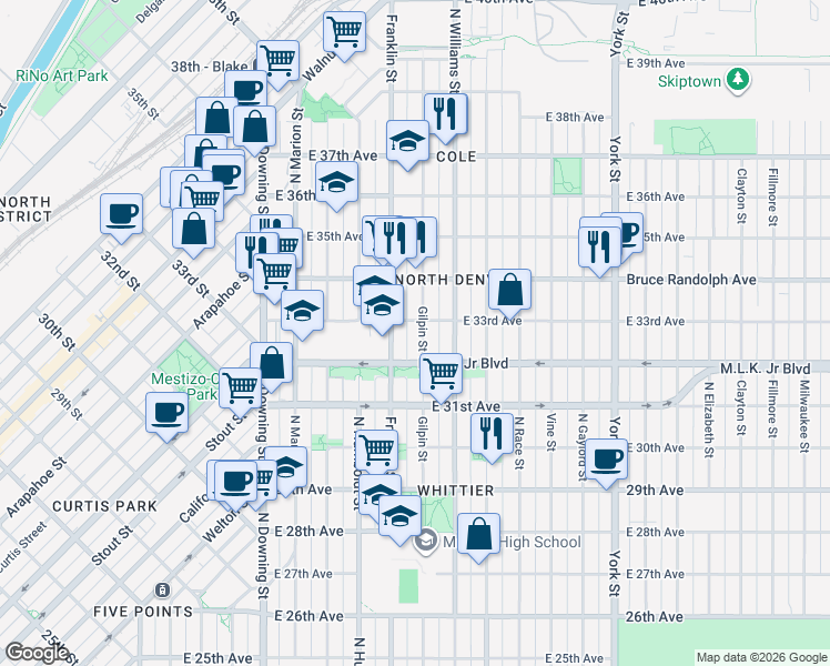 map of restaurants, bars, coffee shops, grocery stores, and more near 3310 Gilpin Street in Denver