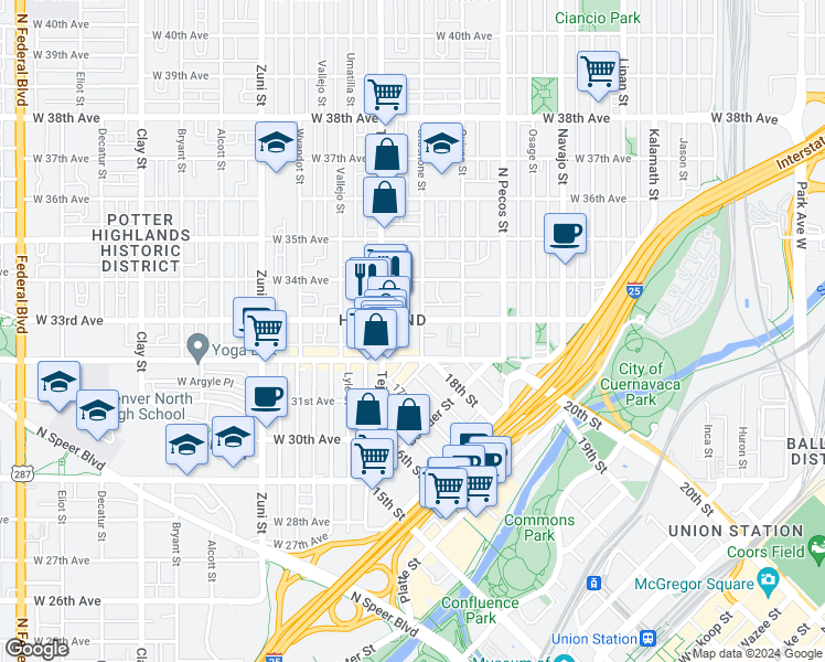 map of restaurants, bars, coffee shops, grocery stores, and more near in Denver