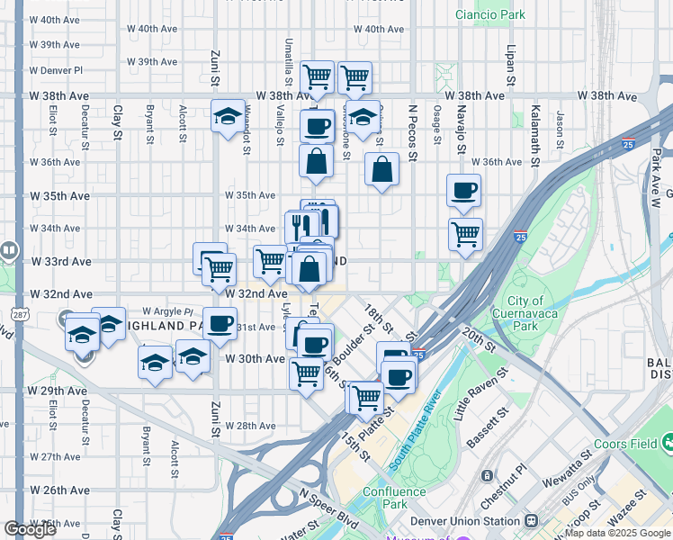 map of restaurants, bars, coffee shops, grocery stores, and more near in Denver