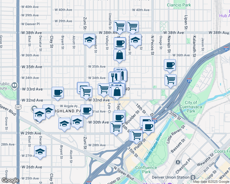 map of restaurants, bars, coffee shops, grocery stores, and more near 2001 West 33rd Avenue in Denver