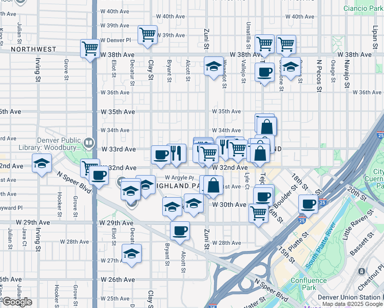 map of restaurants, bars, coffee shops, grocery stores, and more near in Denver