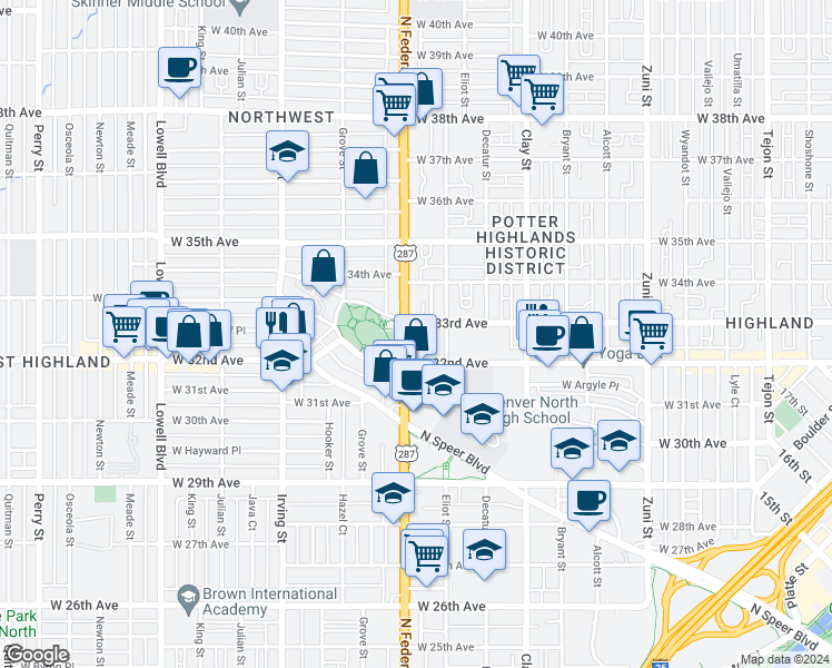 map of restaurants, bars, coffee shops, grocery stores, and more near 3305 Federal Boulevard in Denver