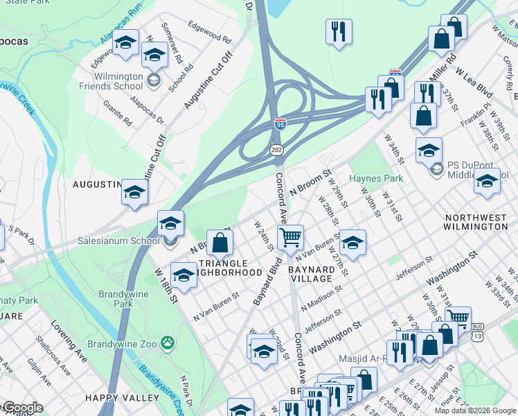map of restaurants, bars, coffee shops, grocery stores, and more near 1004 West 25th Street in Wilmington