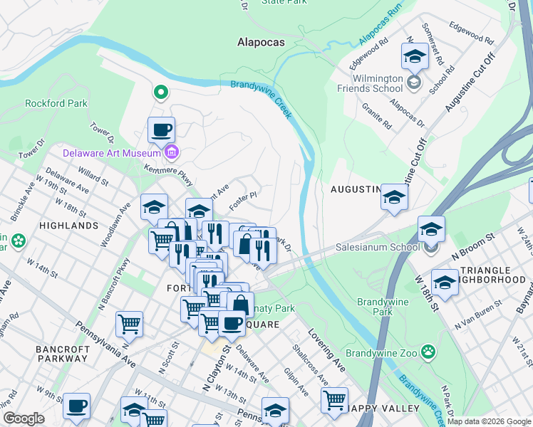 map of restaurants, bars, coffee shops, grocery stores, and more near 2301 Riddle Avenue in Wilmington