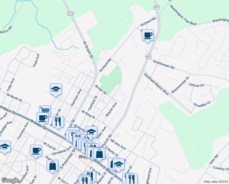 map of restaurants, bars, coffee shops, grocery stores, and more near 520 North Potomac Street in Waynesboro