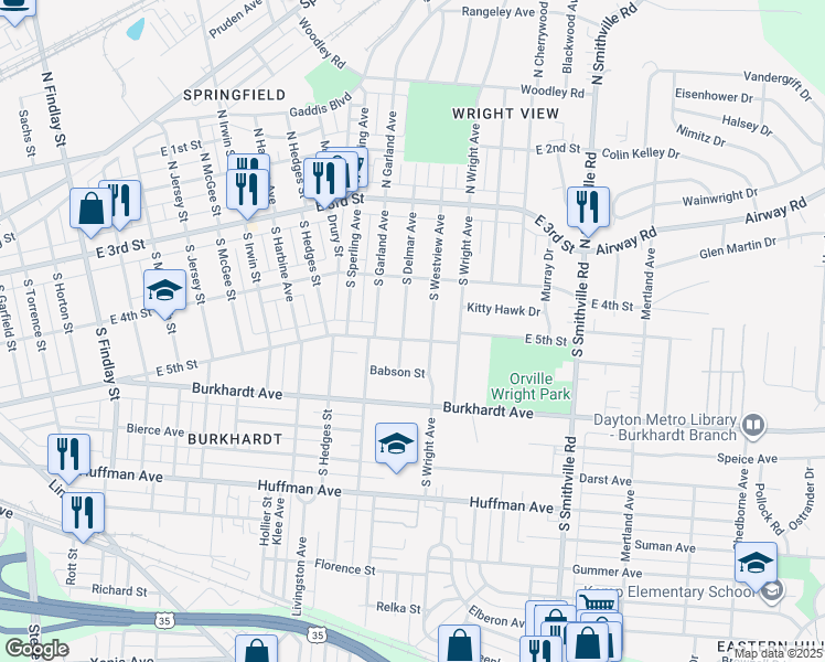 map of restaurants, bars, coffee shops, grocery stores, and more near 135 South Westview Avenue in Dayton