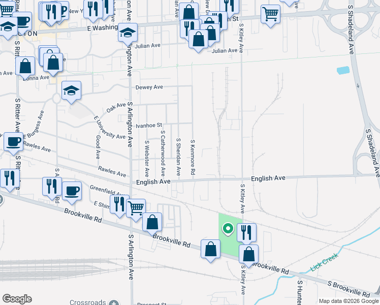 map of restaurants, bars, coffee shops, grocery stores, and more near 381 South Sheridan Avenue in Indianapolis