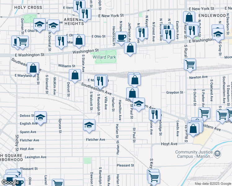 map of restaurants, bars, coffee shops, grocery stores, and more near 151 Harlan Street in Indianapolis