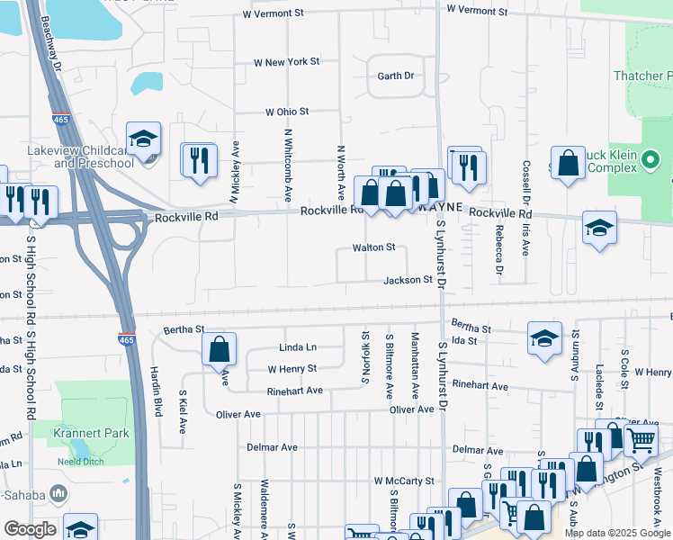 map of restaurants, bars, coffee shops, grocery stores, and more near 110 South Worth Avenue in Indianapolis