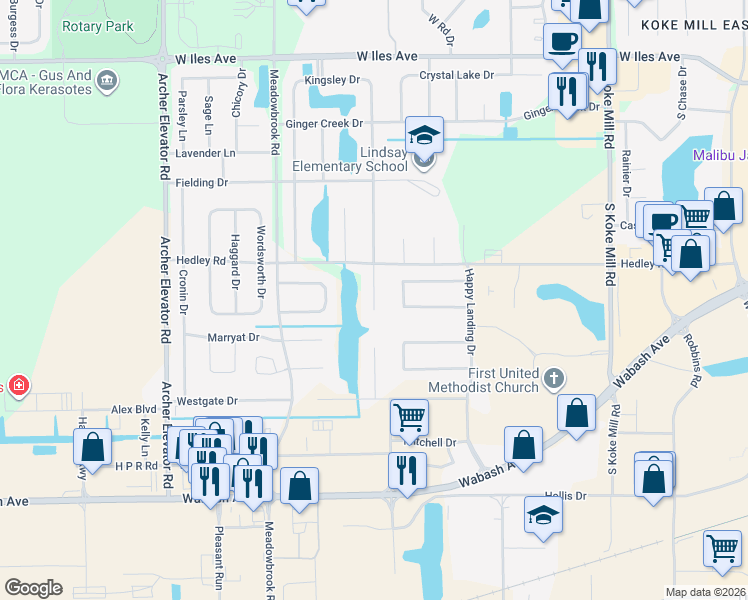 map of restaurants, bars, coffee shops, grocery stores, and more near 2832 Kipling Drive in Springfield