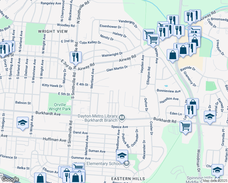map of restaurants, bars, coffee shops, grocery stores, and more near 102 Blackberry Road in Dayton