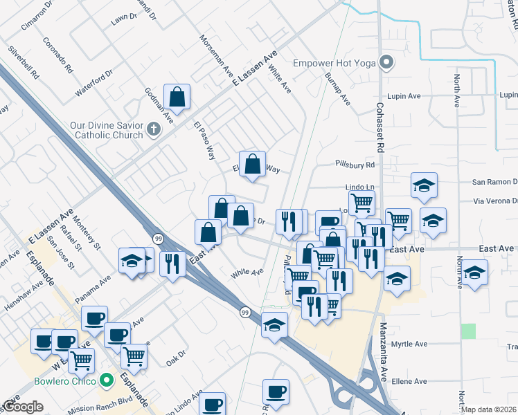 map of restaurants, bars, coffee shops, grocery stores, and more near 2 El Cerrito Drive in Chico