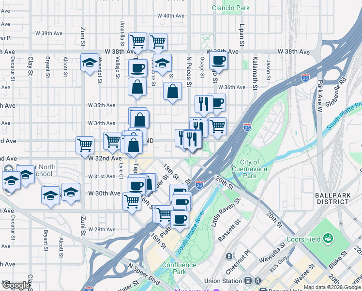 map of restaurants, bars, coffee shops, grocery stores, and more near 3201 North Pecos Street in Denver