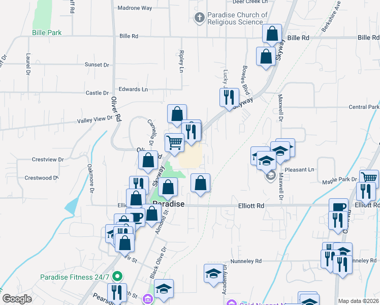 map of restaurants, bars, coffee shops, grocery stores, and more near in Paradise