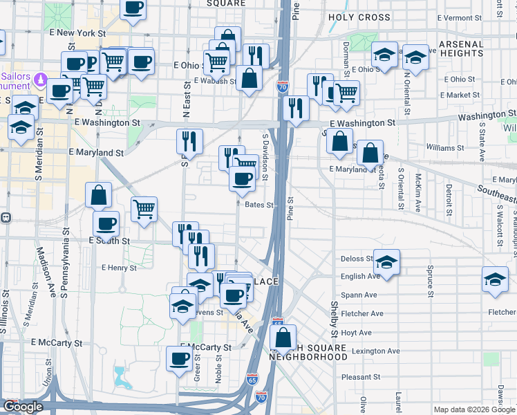 map of restaurants, bars, coffee shops, grocery stores, and more near 720 Bates Street in Indianapolis