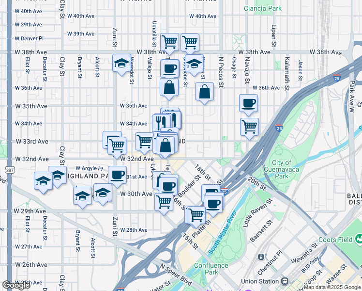 map of restaurants, bars, coffee shops, grocery stores, and more near in Denver
