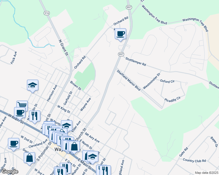 map of restaurants, bars, coffee shops, grocery stores, and more near 11730 Anthony Highway in Waynesboro