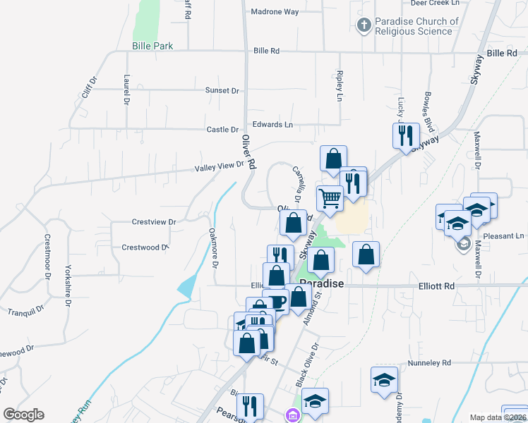 map of restaurants, bars, coffee shops, grocery stores, and more near 5939 Oliver Road in Paradise