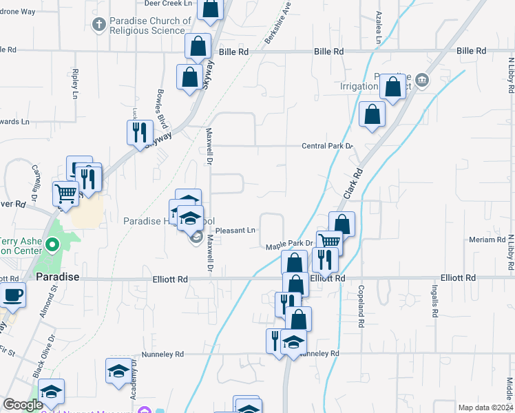 map of restaurants, bars, coffee shops, grocery stores, and more near 1028 Maple Park Drive in Paradise