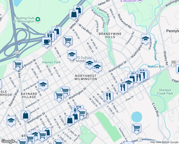map of restaurants, bars, coffee shops, grocery stores, and more near 3601 North Jefferson Street in Wilmington
