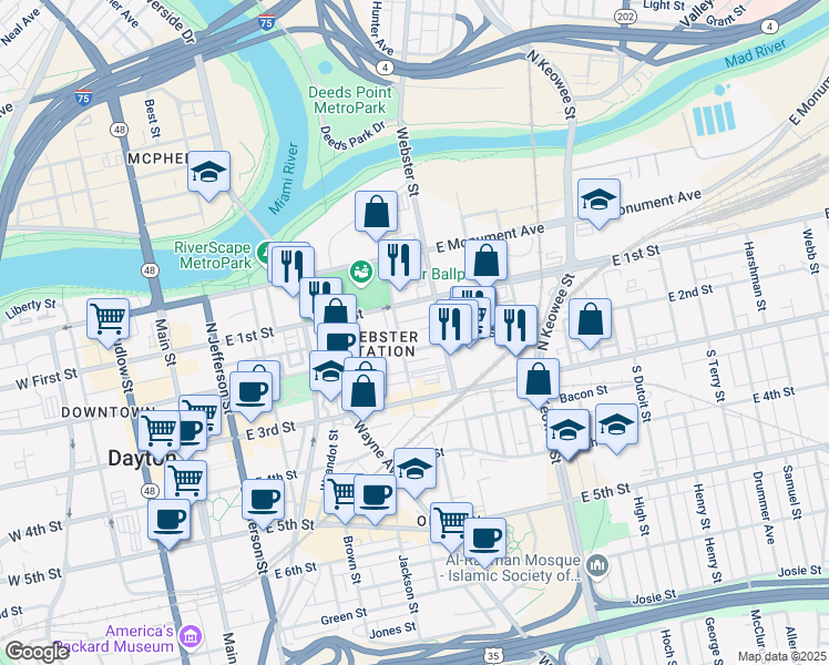 map of restaurants, bars, coffee shops, grocery stores, and more near 520 East 1st Street in Dayton