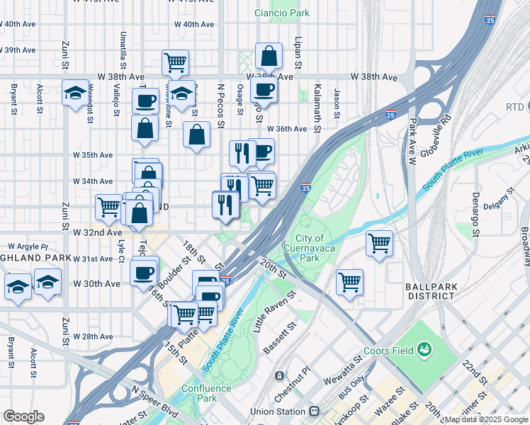 map of restaurants, bars, coffee shops, grocery stores, and more near 3315 Navajo Street in Denver
