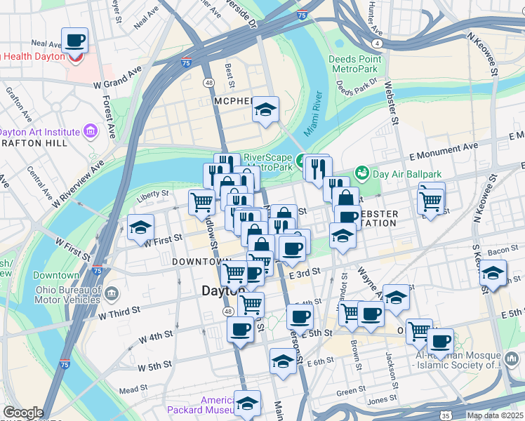 map of restaurants, bars, coffee shops, grocery stores, and more near 35 East 1st Street in Dayton