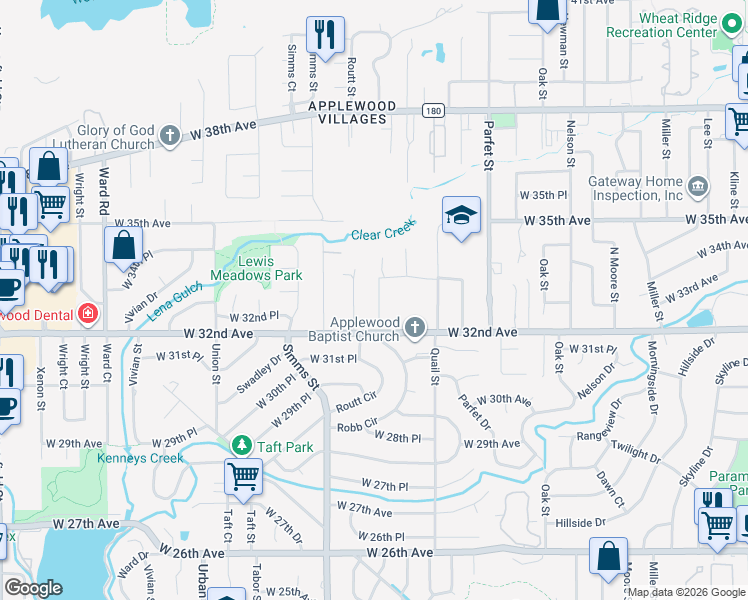 map of restaurants, bars, coffee shops, grocery stores, and more near 3295 Robb Street in Wheat Ridge