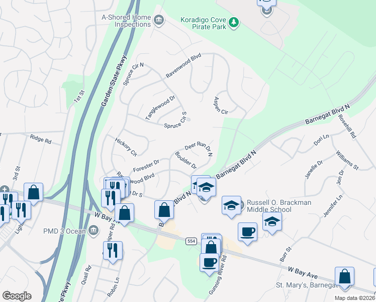 map of restaurants, bars, coffee shops, grocery stores, and more near 19 Deer Run Drive North in Barnegat Township