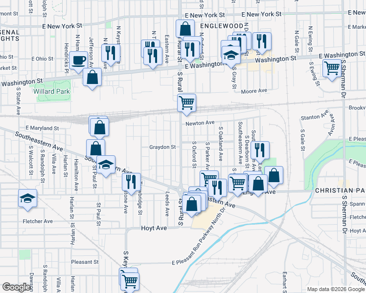 map of restaurants, bars, coffee shops, grocery stores, and more near 260 South Rural Street in Indianapolis