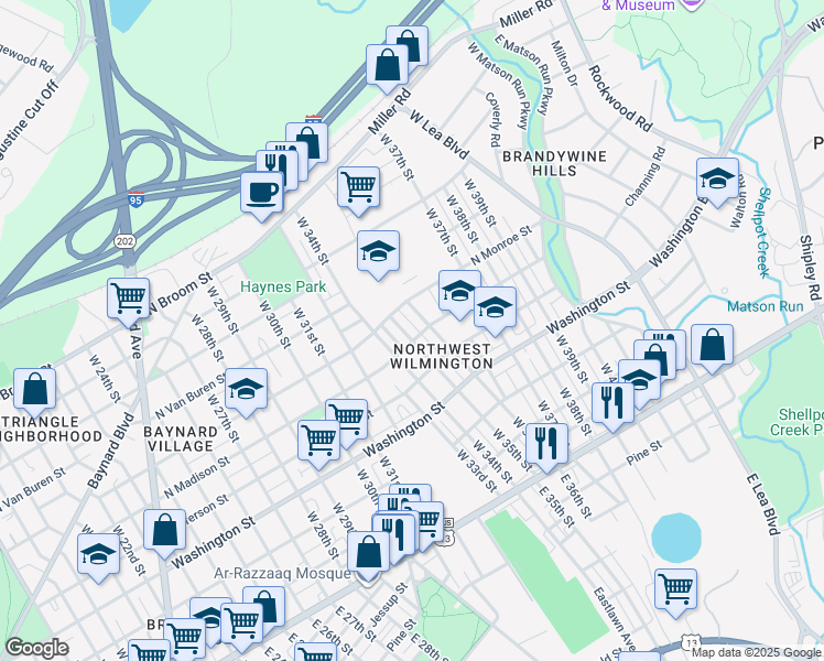 map of restaurants, bars, coffee shops, grocery stores, and more near 503-A West 36th Street in Wilmington