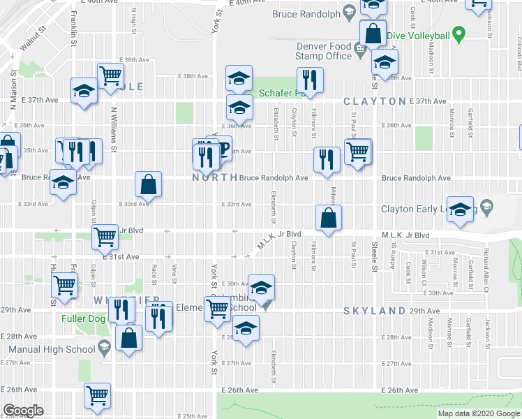 map of restaurants, bars, coffee shops, grocery stores, and more near 3311 Elizabeth Street in Denver