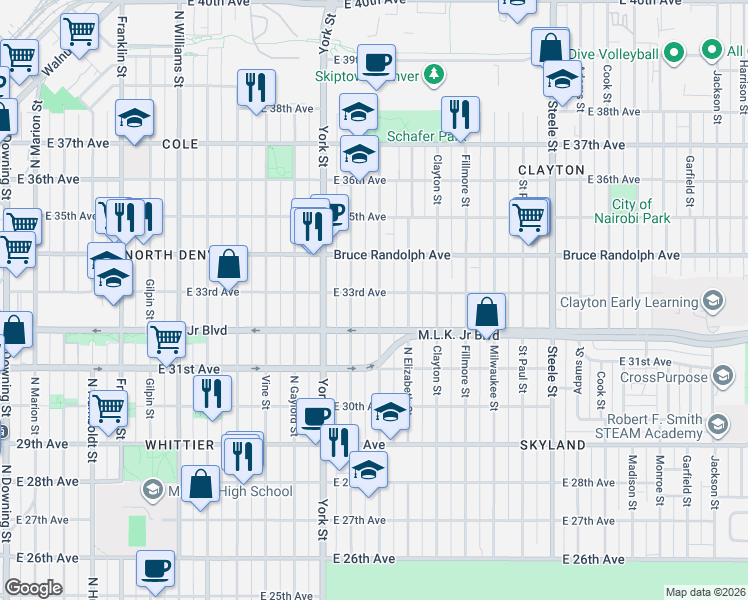 map of restaurants, bars, coffee shops, grocery stores, and more near 2443 East 33rd Avenue in Denver