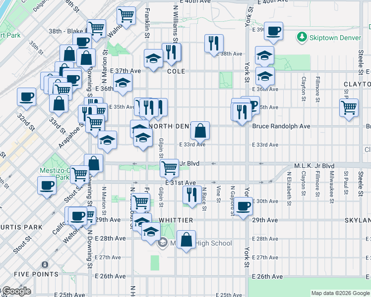 map of restaurants, bars, coffee shops, grocery stores, and more near 1813 East 33rd Avenue in Denver