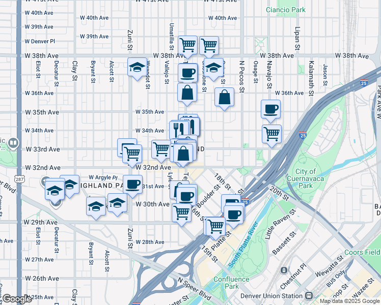 map of restaurants, bars, coffee shops, grocery stores, and more near in Denver