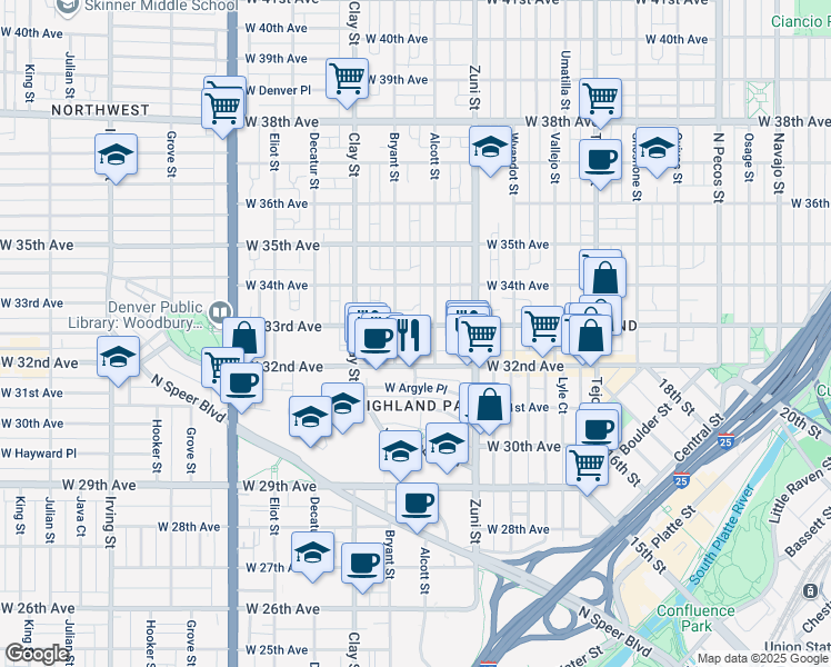 map of restaurants, bars, coffee shops, grocery stores, and more near 2525 West 33rd Avenue in Denver