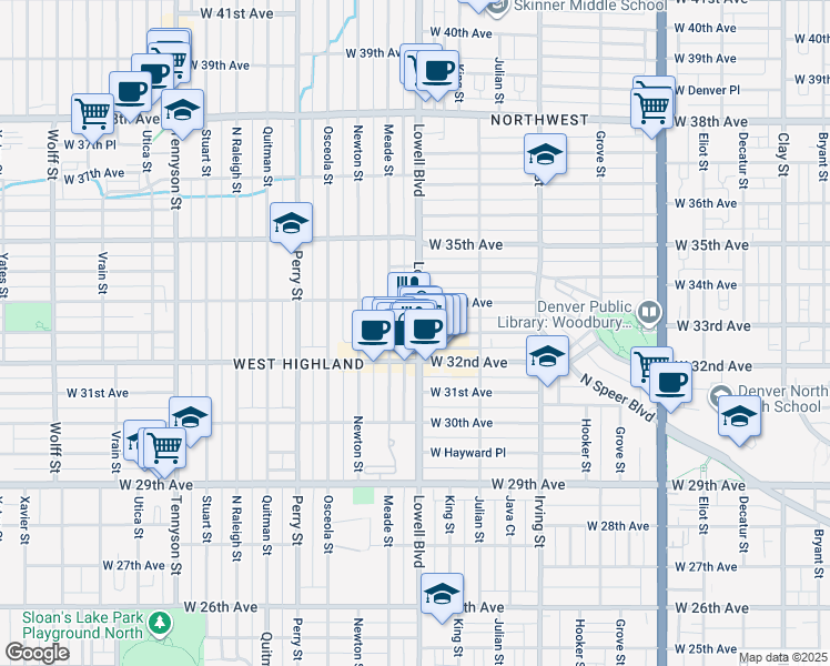 map of restaurants, bars, coffee shops, grocery stores, and more near 3494 West 33rd Avenue in Denver