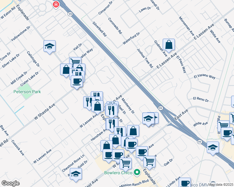 map of restaurants, bars, coffee shops, grocery stores, and more near 286 East Lassen Avenue in Chico