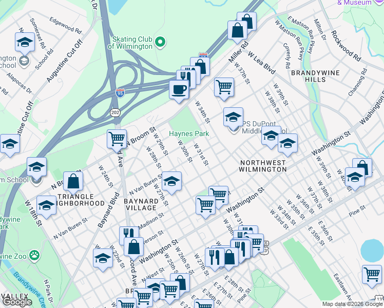 map of restaurants, bars, coffee shops, grocery stores, and more near 3004 North Harrison Street in Wilmington