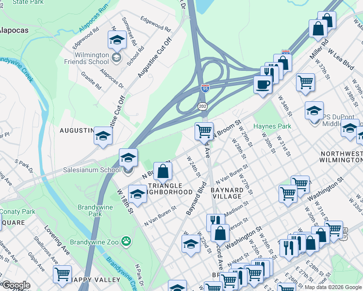 map of restaurants, bars, coffee shops, grocery stores, and more near 1004 West 25th Street in Wilmington